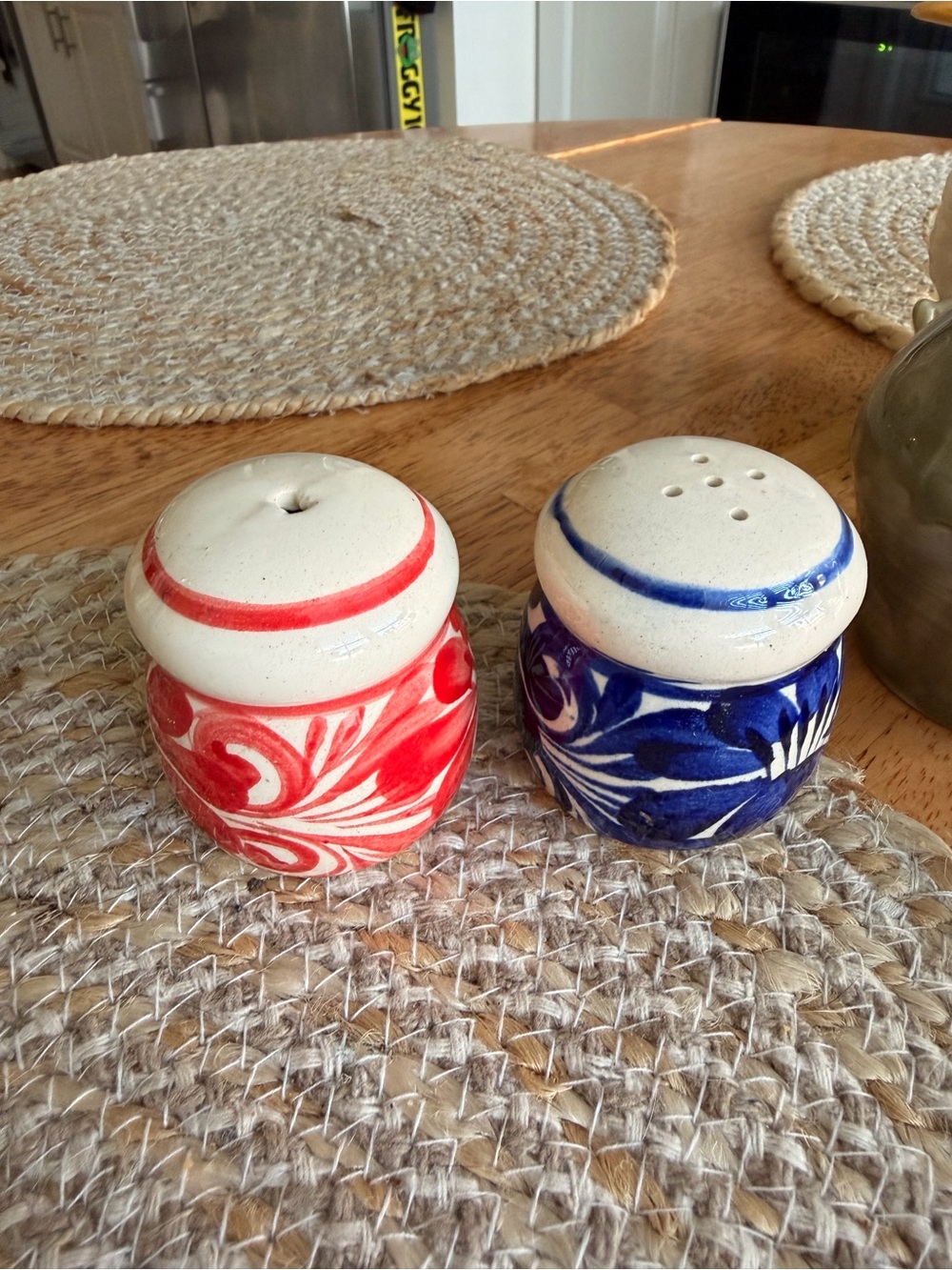 Hand-Painted Red and Blue Ceramic Salt & Pepper Shakers - Home Art